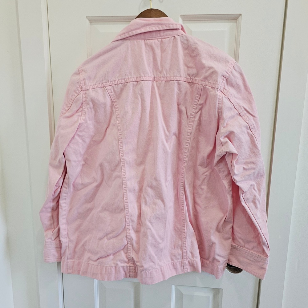 Tudor Court Pink Denim Jacket Womens Large 100% Cotton Button Front Pastel D5L - Picture 5 of 6